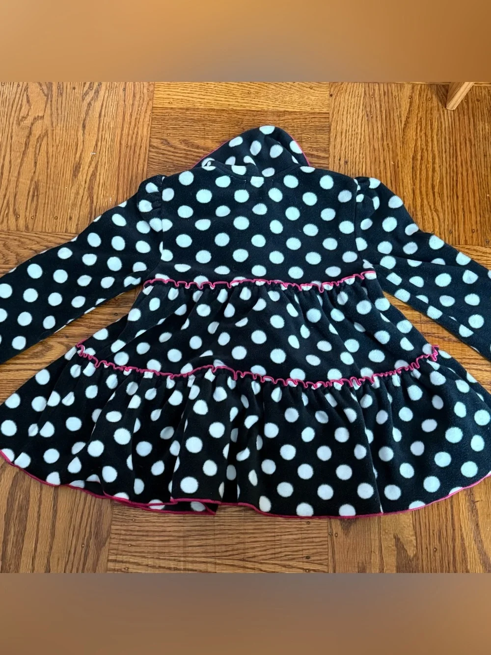 Girls Black & White Polka Dot Tiered Fleece Dress with Pink Trim